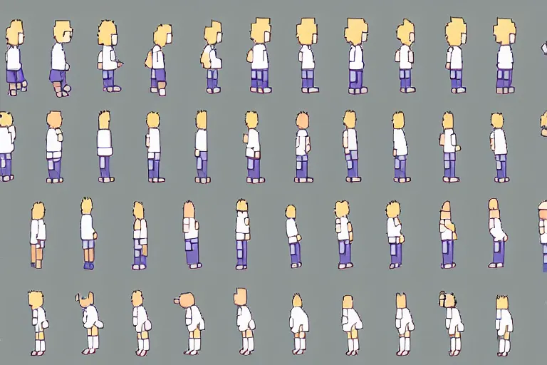 Image similar to a sprite sheet containing of a hero running by studio ghibli, side view, proportions, sprite sheet, running cycle, ready to model,