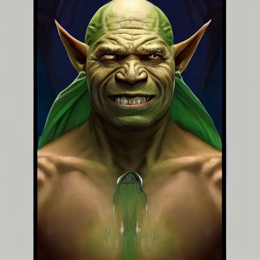 Prompt: fantasy portrait of an orc (green skin) oracle wearing robes and wearing a cloth blindfold that covers his eyes, D&D character, highly detailed, digital fantasy character painted portrait, artstation, concept art, sharp focus, illustration, art by artgerm and greg rutkowski and alphonse mucha and craig mullins and James Jean and Andrei Riabovitchev and Marc Simonetti and peter mohrbacher