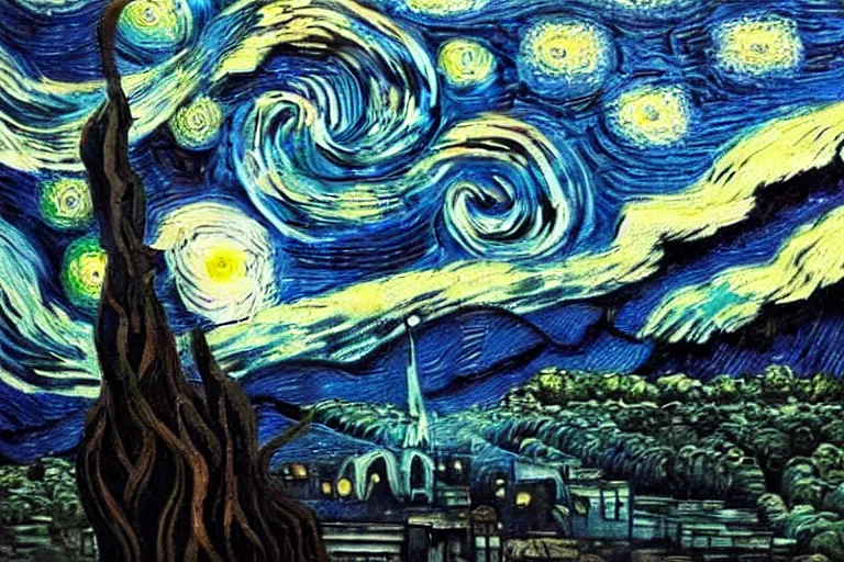 Image similar to man is seeing old god cthulhu terrifying the night sky of a city, epic scene oil painting hyper - detailed realistic dark - art painted by van gogh