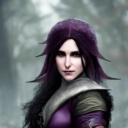 Image similar to yennefer as a medieval fantasy tolkien elf, dark purplish hair tucked behind ears, wearing leather with a fur lined collar, wide, muscular build, scar across the nose, cinematic, character art, real life, 8 k, detailed.