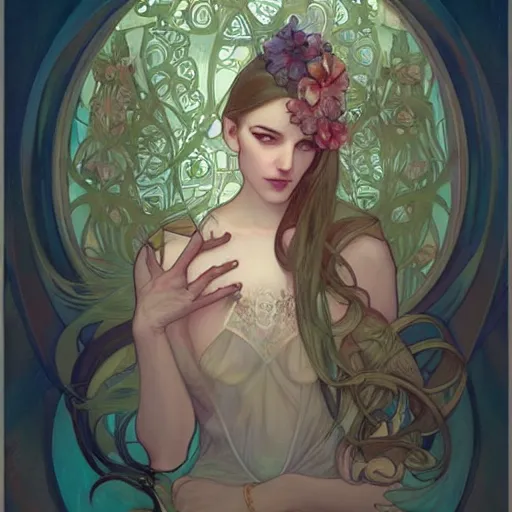 Image similar to a portrait in the style of anna dittmann and loish and alphonse mucha.