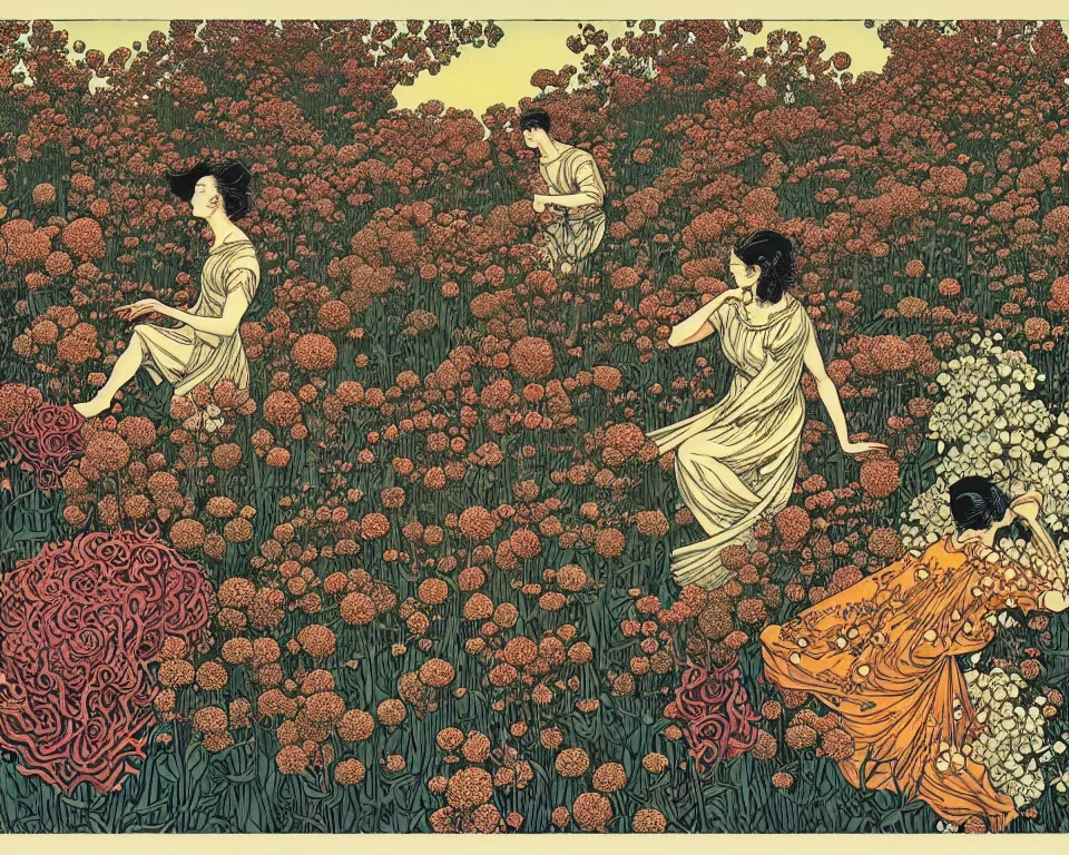 Image similar to garden of eternal delights by yuko shimizu and malczewski