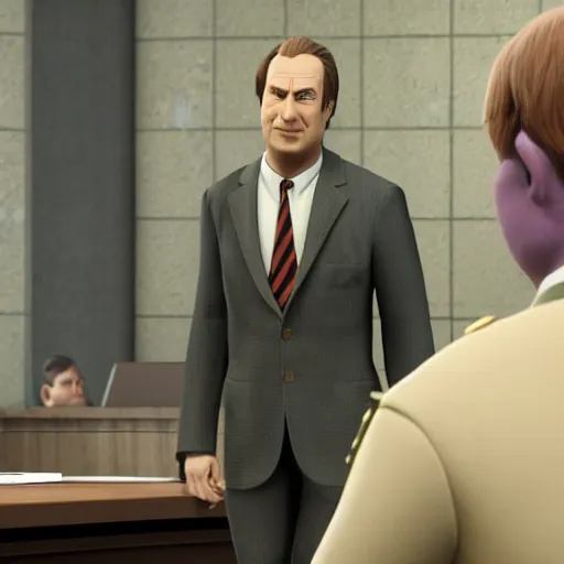 Image similar to Saul Goodman as a defense attorney, in a courtroom, shrek as the defendant | hyper realistic Unreal Engine Render, 8K