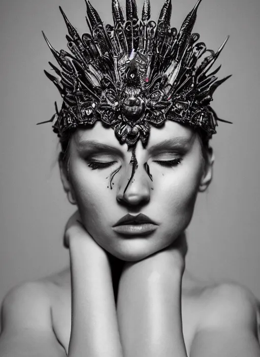 Image similar to a portrait of female model by stefan geselle and nekro borja, photorealistic, intricate details, hyper realistic, fantasy, elegant, ornate metal headpiece, photorealistic, canon r 3, photography, wide shot, symmetrical features, wide angle shot, perfect body, standing pose, feet on the ground