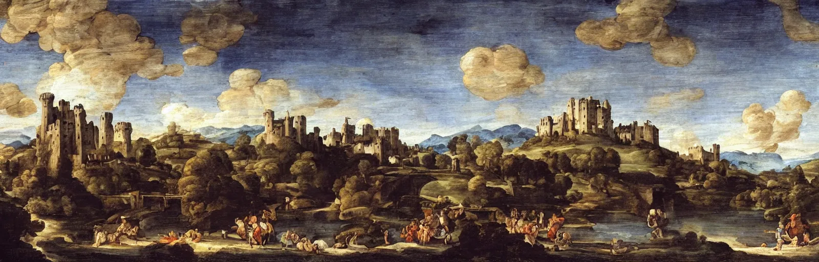 Image similar to landscape painting of multiple large interconnected castles,moat,bridge,mountains,oil canvas,night sky,by Paul Bril and Annibale Carracci,masterpiece,high quality,pretty,fantasy,impossible