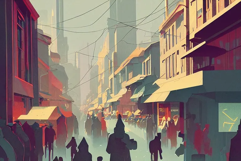 Image similar to busy small town street, lush, many people, modern art deco, colorful, mads berg, christopher balaskas, victo ngai fine texture, detailed, muted colors, dynamic composition, matte print, wide angle, moody, stippled light, very grainy texture, stippled shadows