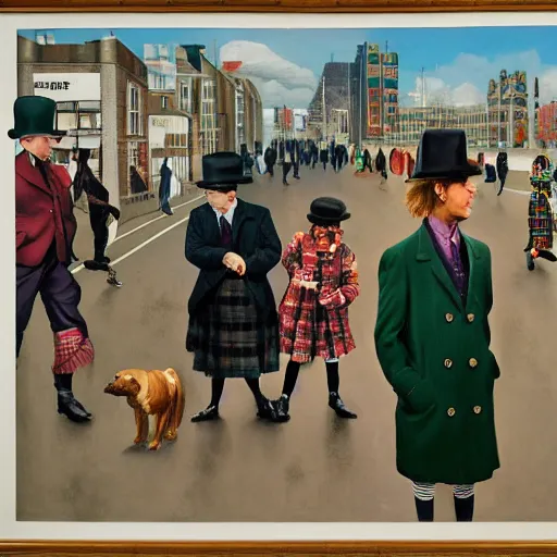 Image similar to oil painting of mornington crescent, rain in the southeast, men wearing bowler hats, kids with spats on their shoes, ladies with chauffeurs, dogs wearing hats and jackets, rich apartments, old punk posters, tartan garments, by neo rauch, by peter blake