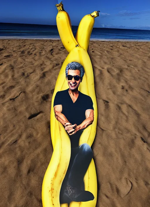 Image similar to jeff goldblum half man half banana on the sand of a beach