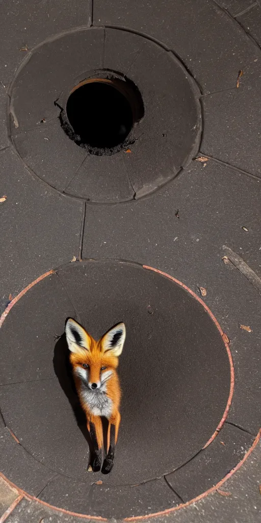 Prompt: a fox is hidden inside a manhole trying to jump out, 4k photography flash