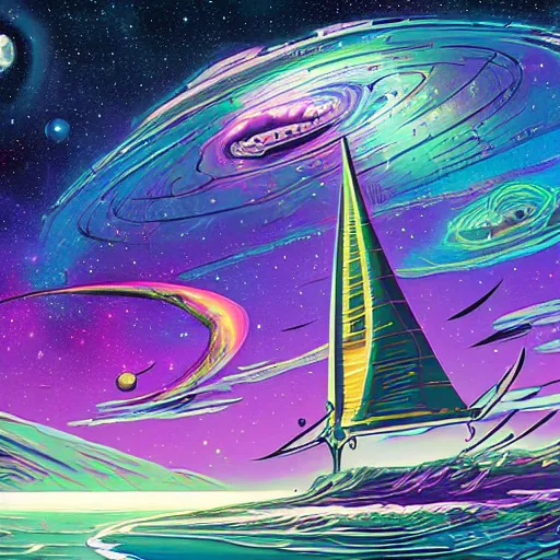 Prompt: digital painting of a cosmic yatch sailing through space by Dan Mumford, trending on Artstation