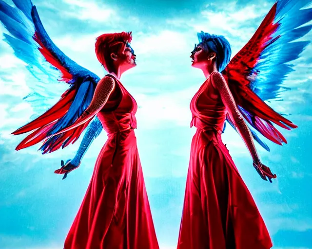 Image similar to red - male - devil and blue - female - angel facing each other in mirrored pose, dramatic lighting, 8 k, high quality, hyper realistic, 3 5 mm photography, epic fantasy masterpiece