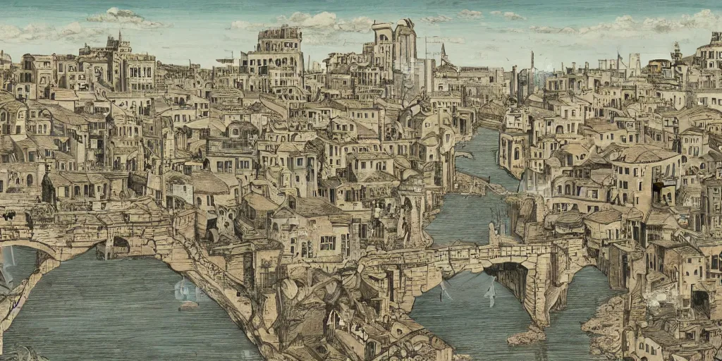 Image similar to illustration, ancient thriving city on top of a tall bridge structure over the ocean, one narrow strip of city on one tall bridge, tall arches, long, fading off into the distance, busy with people