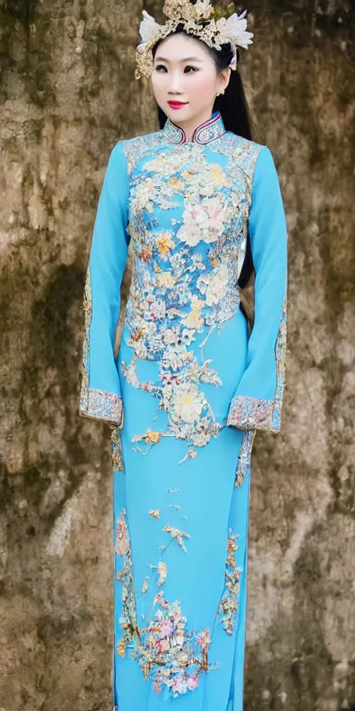 Image similar to beautiful vietnamese woman wearing vietnamese ao dai, intricate, detailed, symmetric face