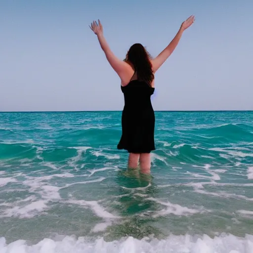 Prompt: woman with waving long hair, wading through ocean waves, back view, first person view