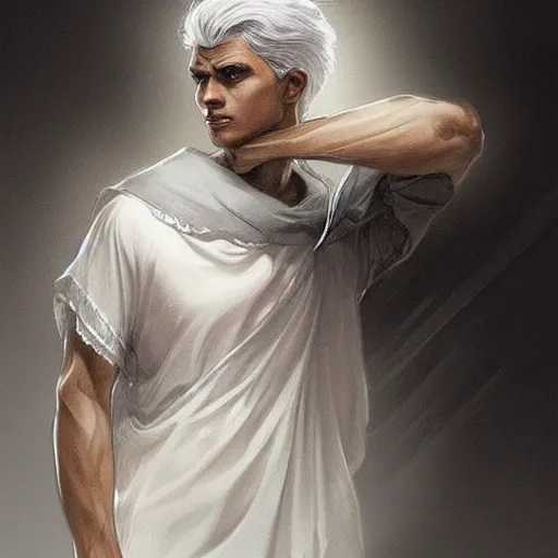 Image similar to ultra realistic illustration, young man with dark gray skin, short white hair, intricate, with dark clothes, elegant, highly detailed, digital painting, artstation, concept art, smooth, sharp focus, illustration, art by artgerm and greg rutkowski and alphonse mucha