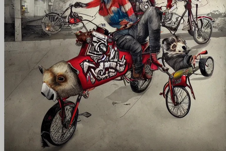 Prompt: a graffiti illustration by stom 5 0 0 and etam cru, of red pandas riding an elephant motorbike