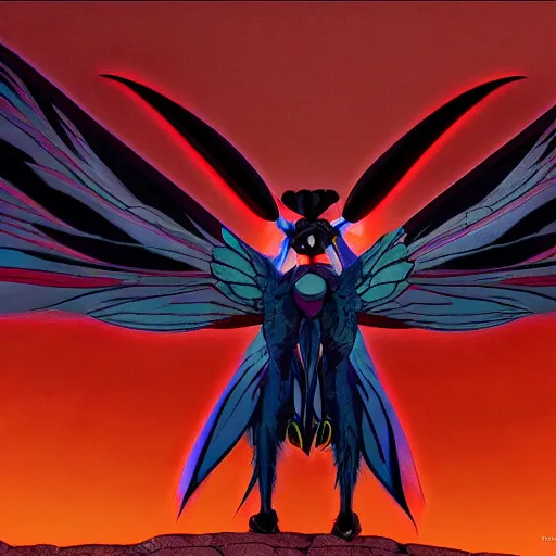 Image similar to 4K photo of mothman with giant wings , flawless anime cel animation by Manabu Oshashi and Satoshi Kon, professionally post-processed , beautiful, scary, symmetry accurate features, epic, octane rendered, anime masterpiece, accurate