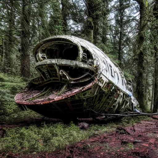 Image similar to derelict spaceship in a Forrest, hyper detailed, overgrown with moss, rusty metal, wildlife, daytime