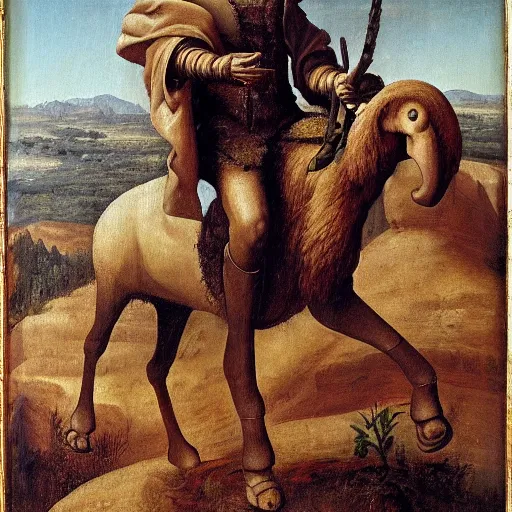 Image similar to a renaissance oil painting of a mammoth riding warrior, portrait
