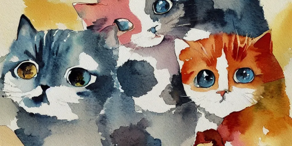 Prompt: watercolor illustration style, cute! cats!!! select different toys, inspiring art