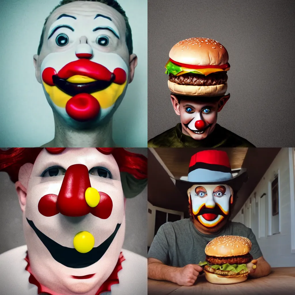 Prompt: A hamburger clown as a YouTube, realistic photography