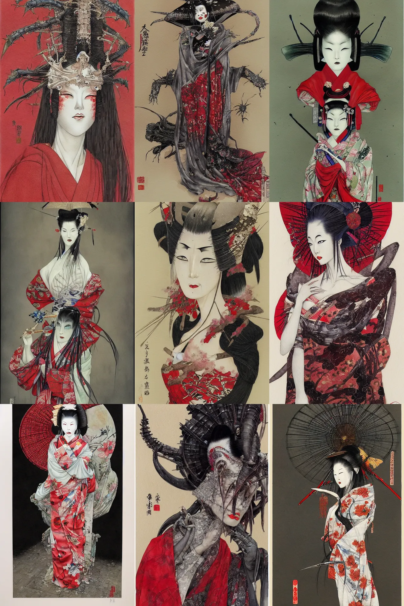 Prompt: watercolor painting of a geisha by brain froud, dave dorman, takato yamamoto, h. r. giger, red