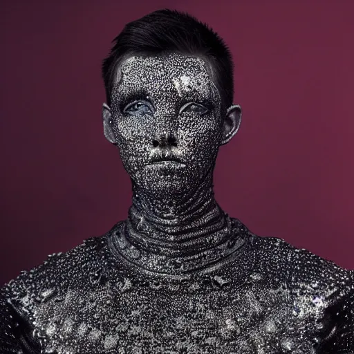 Prompt: a portrait of a beautiful young male wearing an alexander mcqueen armor made of cosmic dust , photographed by andrew thomas huang, artistic