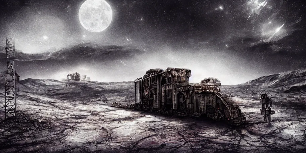 Prompt: digital art, trending on artstation, an old broken train on the moon, lunar landscape, moody