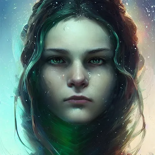 Prompt: portrait young woman with wavy brown hair with a scar across left eye is legendary, frostpunk, high detail, concept art, color, vivid color, floating particles, glowing green eyes, spiral smoke, background by john harris + andreas rocha, artwork by charlie bowater + artgerm + anato finnstark + ross tran