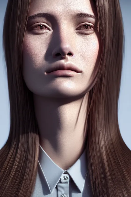 Image similar to kodak portrait 4 0 0 hyperdetailed very close portrait of a model, beautiful young female with brown hair and grey eyes, in a tight suit, volumetric light, by rossdraws and alexander mcqueen, rim light, octane render, 8 k