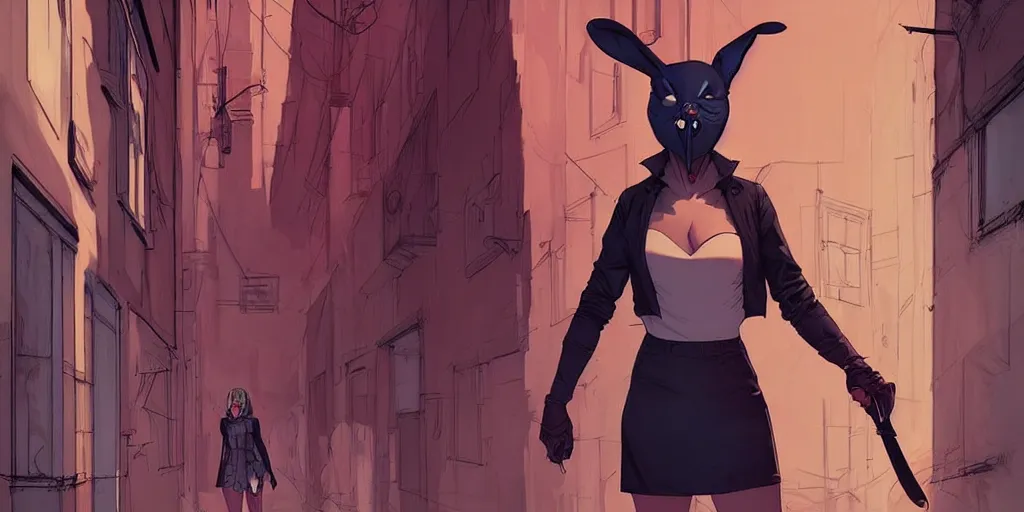 Prompt: style of Jaime McKelvie and Joshua Middleton comic book art, cinematic lighting, realistic, bunny mask female villain holding a bloody kitchen knife, standing in an alleyway, full body sarcastic pose, symmetrical, realistic body, knee high socks, rioters, people fighting, The Purge, night, horror, dark color palette