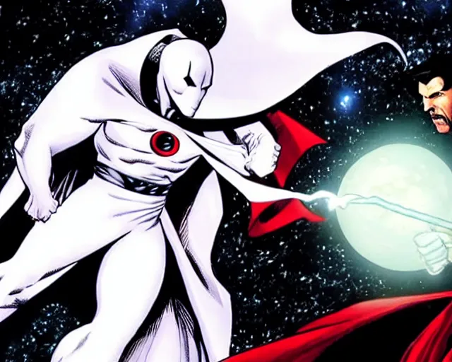 Image similar to still of moon knight vs dr. strange, in the movie moon knight and avengers