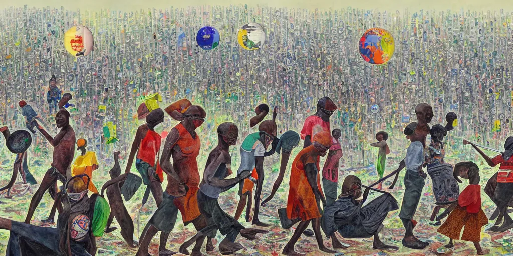 Image similar to painting by max earnst, disease decimating a global population