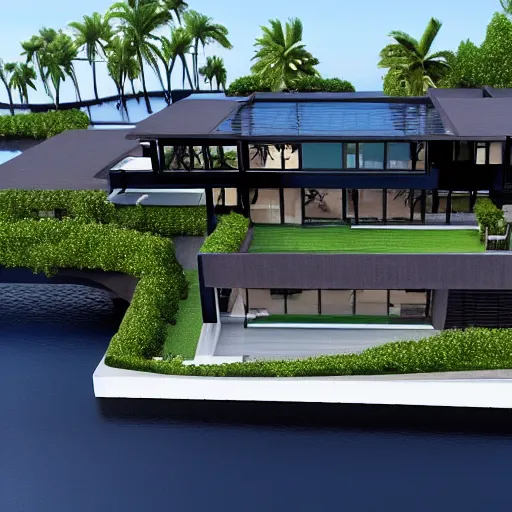 Prompt: a black modern mansion on an island by itself, award winning, 8k, ultra realistic,