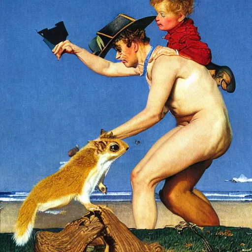 Prompt: napoleon riding a squirrel!!! on the beach with hyacinth!!!! by norman rockwell