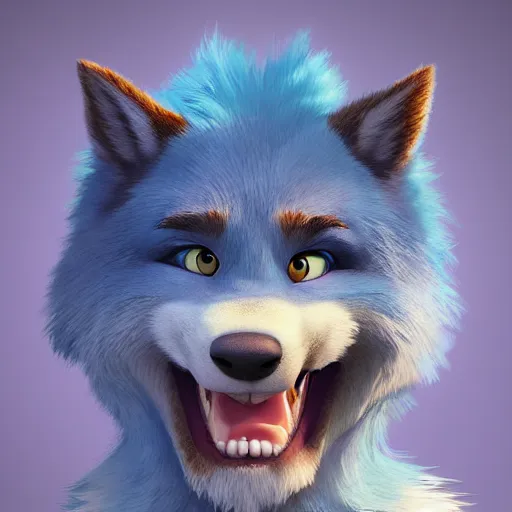 Prompt: portrait character design a mature grown blue fluffy werewolf, style of maple story and zootopia, 3 d animation demo reel, portrait studio lighting by jessica rossier and brian froud and gaston bussiere