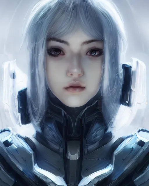 Image similar to detailed portrait of perfect android girl, warframe armor, beautiful face, scifi, futuristic, space station, laboratory, song hye - kyo, dreamy, long white hair, blue cyborg eyes, cinematic lighting, innocent, highly detailed, sharp focus, smooth, artstation, intricate, award winning, pure aura, divine, by akihiko yoshida