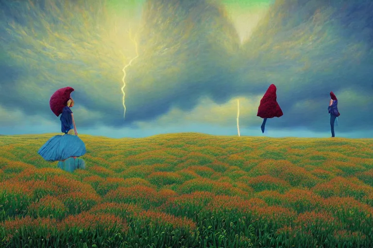 Image similar to giant flower heads, women standing in heather hills, surreal photography, stormy sky, dramatic lighting impressionist painting, digital painting, artstation, rob gonsalves