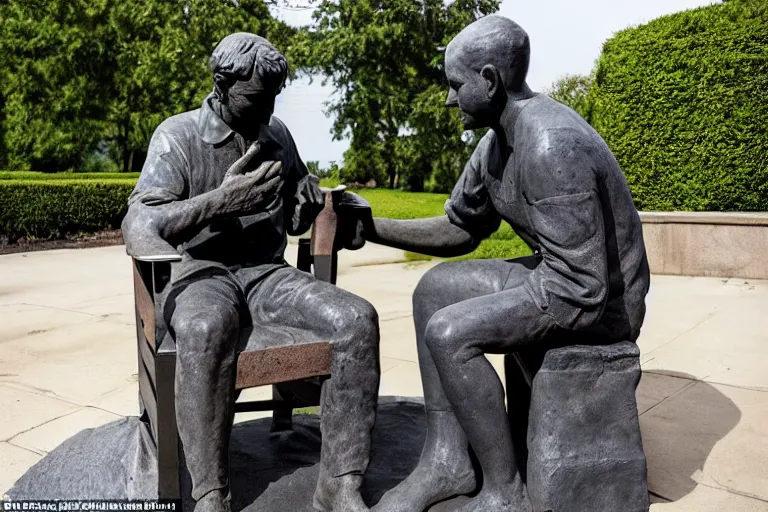 Image similar to a man who is sitting upright in a chair is touching a completed statue