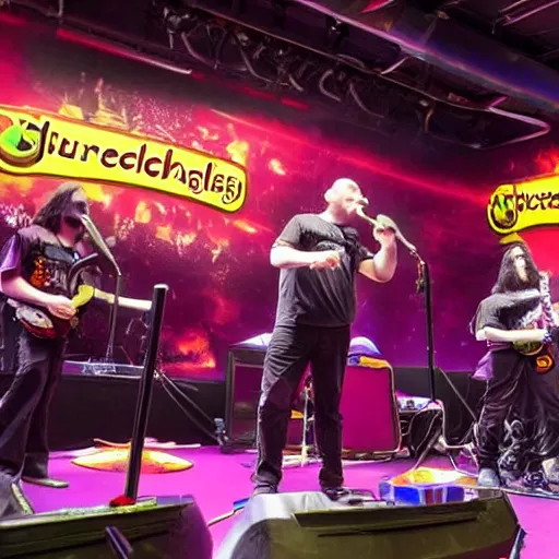 Prompt: the band meshuggah performing at chuck e. cheese, 8 k, high definition, highly detailed, photo - realistic