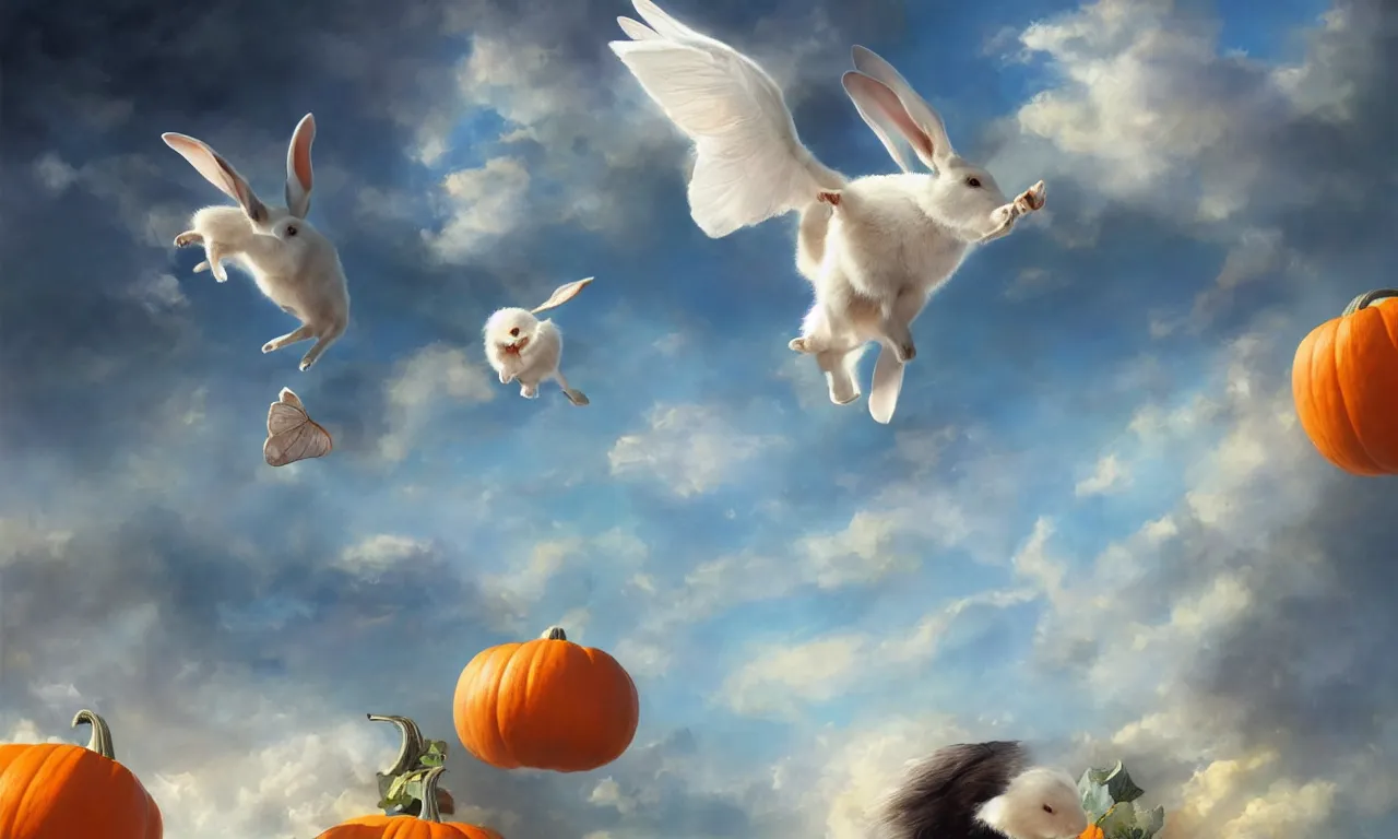 Image similar to a beautiful digital painting of a white rabbit flying in the clouds, birds in the sunlight, numerous golden pumpkins, blue sky at sunset, elegant, highly detailed, artstation, concept art, matte, sharp focus, art by tom bagshaw, kelogsloops and greg rutkowski