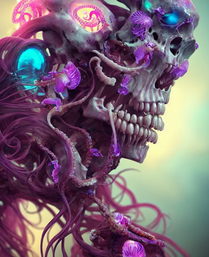 Image similar to goddess close - up portrait human skeleton, ram skull, squid phoenix jellyfish, orchid, betta fish, bioluminiscent, intricate artwork by tooth wu and wlop and beeple. octane render, trending on artstation, greg rutkowski very coherent symmetrical artwork. cinematic, hyper realism, high detail, octane render, 8 k