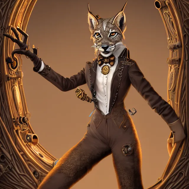 Image similar to the full body of anthropomorphic lynx fursona wearing a steampunk suit as unimaginably beautiful, gorgeous, elegant, young lynx, an ultrafine hyperdetailed illustration by furaffinity, intricate linework, white fur, unreal engine 5 highly rendered, global illumination, radiant light, detailed and intricate environment