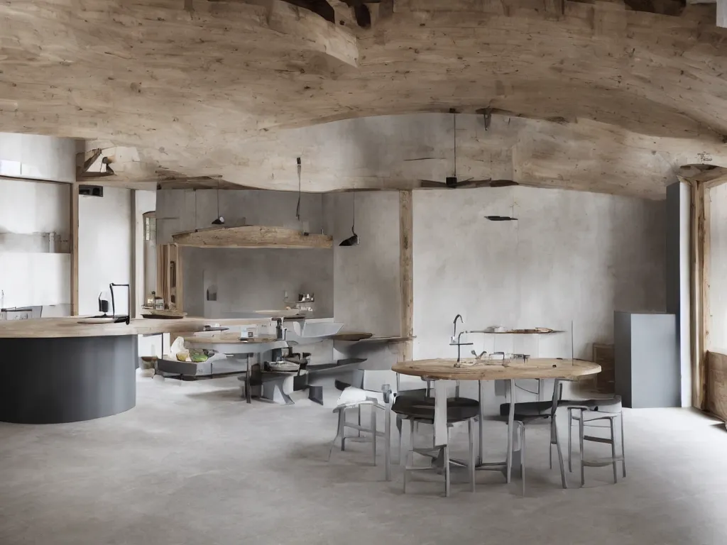 Image similar to luxury bespoke kitchen design, modern rustic, Japanese and Scandanvian influences, understated aesthetic, innovative materials and textrue, by Roundhouse Design