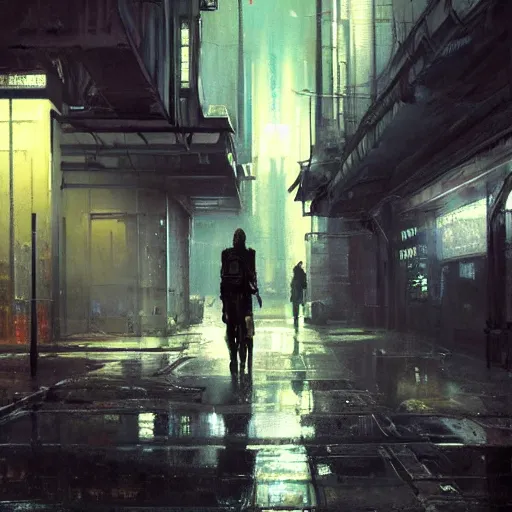 Image similar to doorway, empty sidewalk of a cyberpunk megacity, dramatic lighting, detailed background, gorgeous view, realistic, high detail, depth of field, lightrays, atmospheric, digital art, painted by jeremy mann, trending on artstation