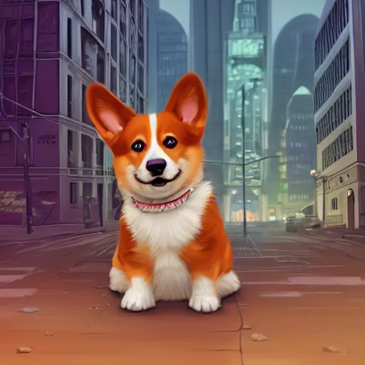 Prompt: intricate digital illustration of an adorable corgi puppy, highly detailed dystopian cityscape background, hyperrealistic, extremely lifelike, award - winning, trending on artstation, 8 k