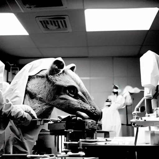 Image similar to an underexposed Fujifilm 500 photograph of a chimera in a surgical laboratory