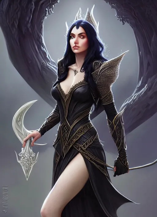 Prompt: d & d concept art of gorgeous elven woman with raven black hair in the style of stefan kostic, realistic, half body shot, sharp focus, 8 k high definition, insanely detailed, intricate, elegant, art by stanley lau and artgerm, foggy backgeound, fantasy