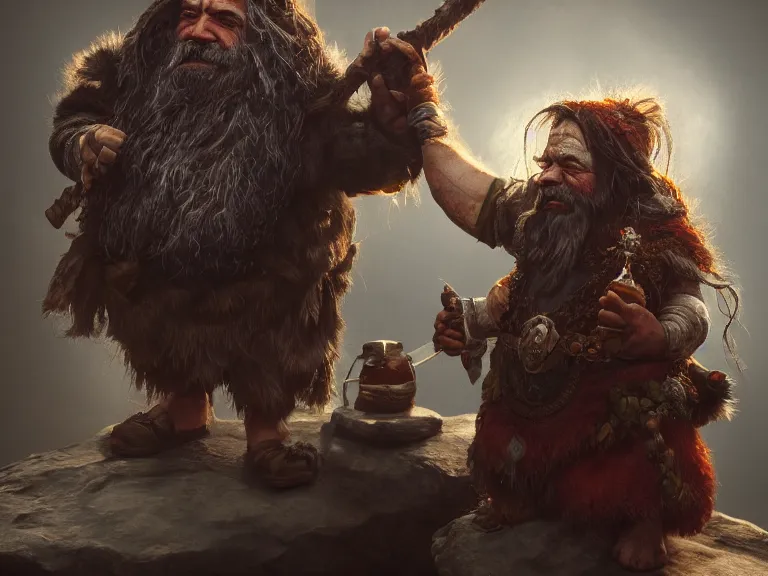 Prompt: Drunk Dwarf Druid with Raven Companion, RPG Reference, Oil Painting, Trending on Artstation, octane render, Insanely Detailed, 8k, HD