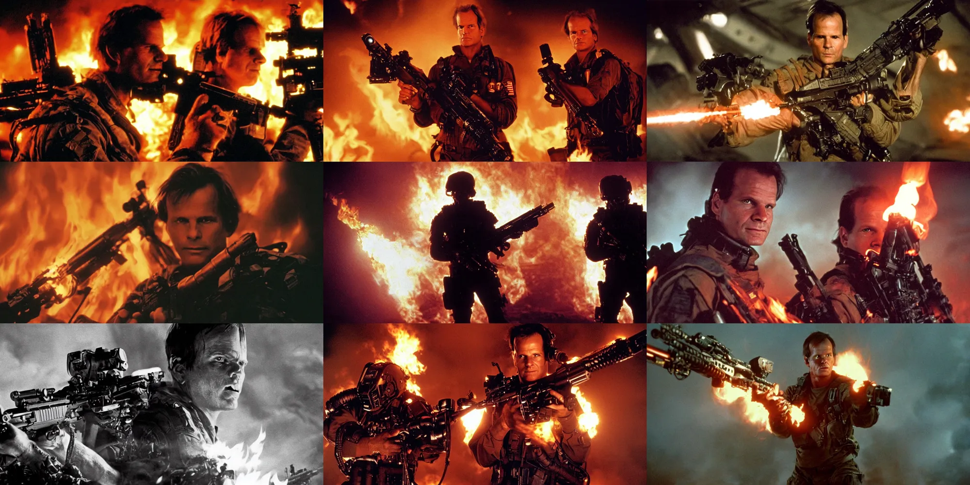 Prompt: Portrait of Colonial Marine Hudson (Bill Paxton) holding a M41A pulse rifle, darkness and flames, dramatic lighting , film still from Aliens by James Cameron